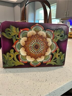Purple Floral Embossed Leather Top-Handle Bag